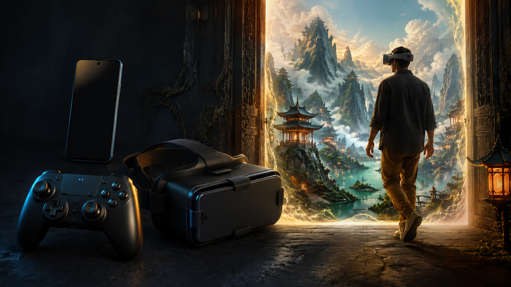 An Android phone, Bluetooth gamepad and phone VR viewer beside a person walking into an Eastern fantasy mountain world
