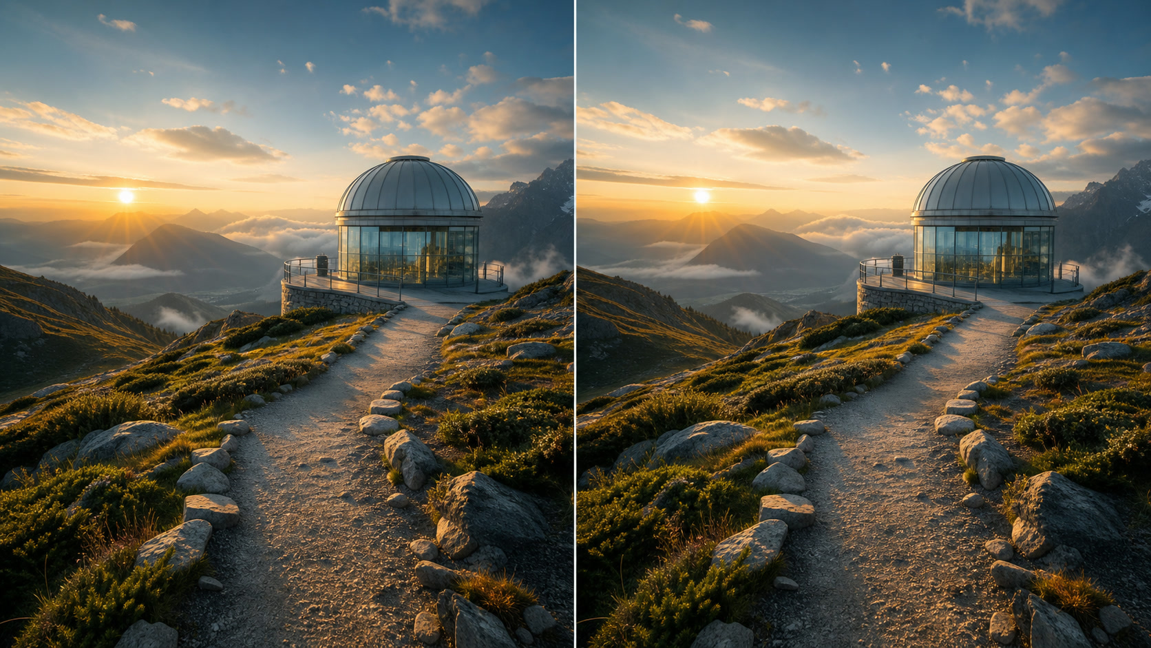 Side-by-side view of a mountain observatory